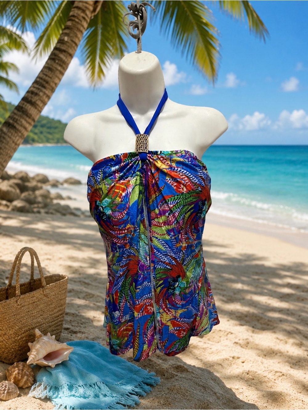 Tara Grinna Blue Tropical Halter Swim Tankini Top bust 42